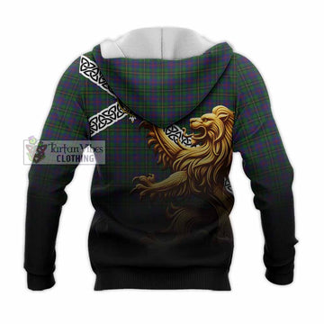 Wood Crest Tartan Knitted Hoodie with Golden Lion Emblem Celtic Style