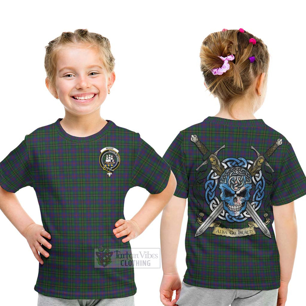 Tartan Vibes Clothing Wood Tartan Kid T-Shirt with Family Crest Celtic Skull Style