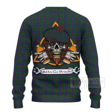 Wood Tartan Ugly Sweater with Family Crest and Bearded Skull Holding Bottles of Whiskey
