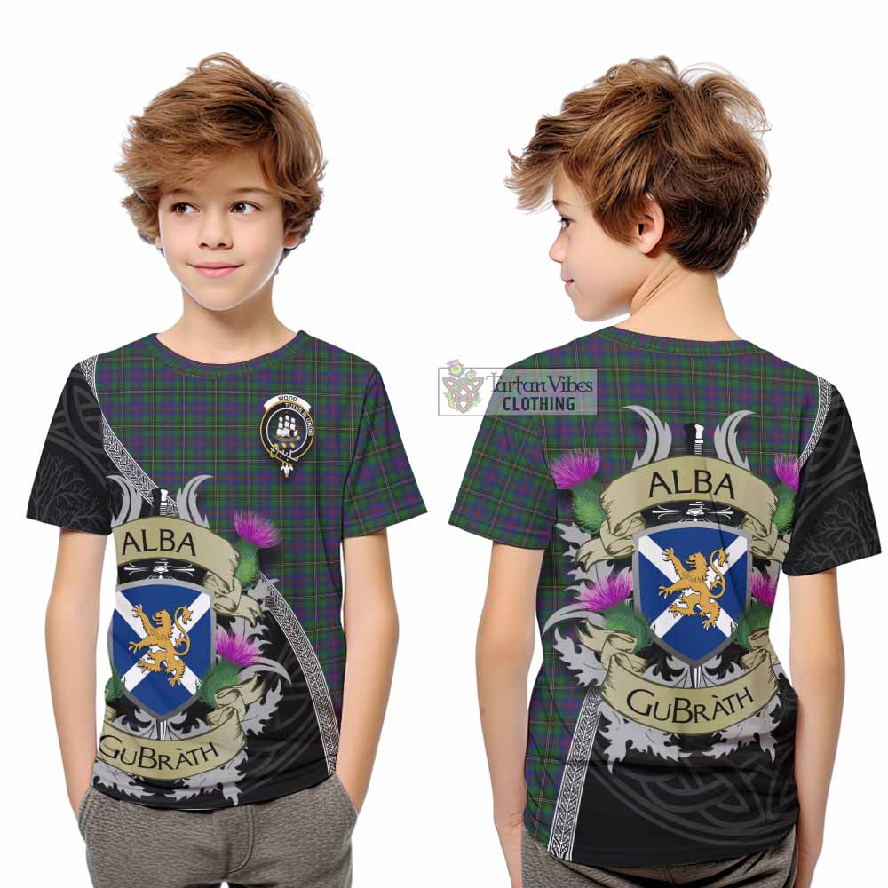 Tartan Vibes Clothing Wood Tartan Family Crest Kid T-Shirt Lion Rampant Royal Thistle Shield Celtic Inspired