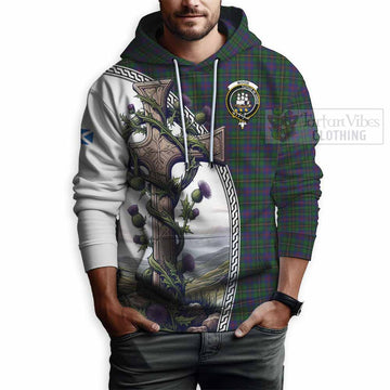 Tartan Vibes Clothing Wood Tartan Hoodie with Family Crest and St. Andrew's Cross Accented by Thistle Vines
