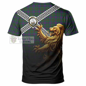 Wood Crest Tartan T-Shirt with Golden Lion Emblem Celtic Style