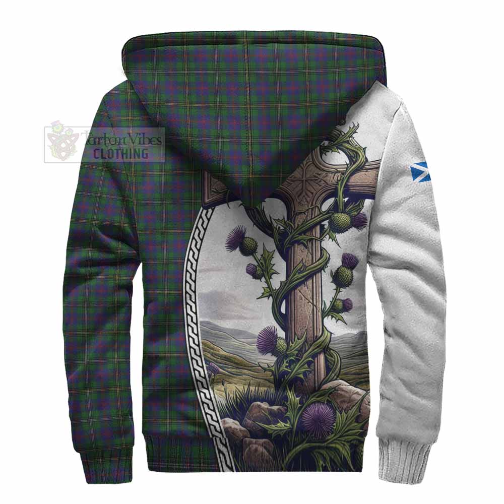 Tartan Vibes Clothing Wood Tartan Sherpa Hoodie with Family Crest and St. Andrew's Cross Accented by Thistle Vines