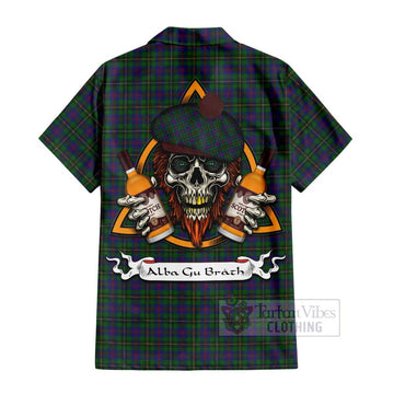 Tartan Vibes Clothing Wood Tartan Short Sleeve Button Shirt with Family Crest and Bearded Skull Holding Bottles of Whiskey