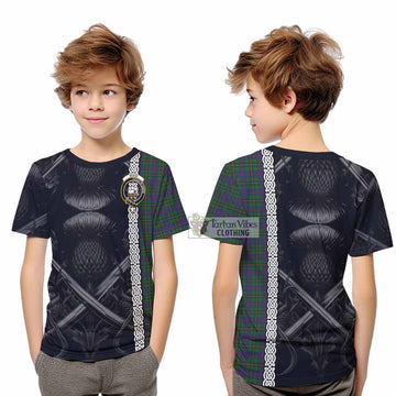 Tartan Vibes Clothing Wood Tartan Kid T-Shirt with Family Crest Cross Sword Thistle Celtic Vibes