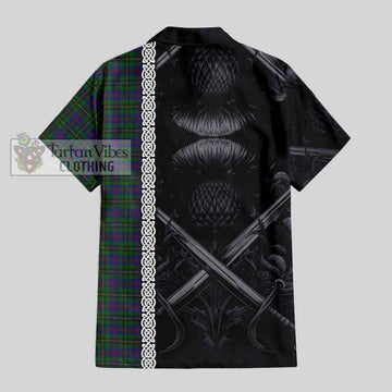 Tartan Vibes Clothing Wood Tartan Short Sleeve Button Shirt with Family Crest Cross Sword Thistle Celtic Vibes