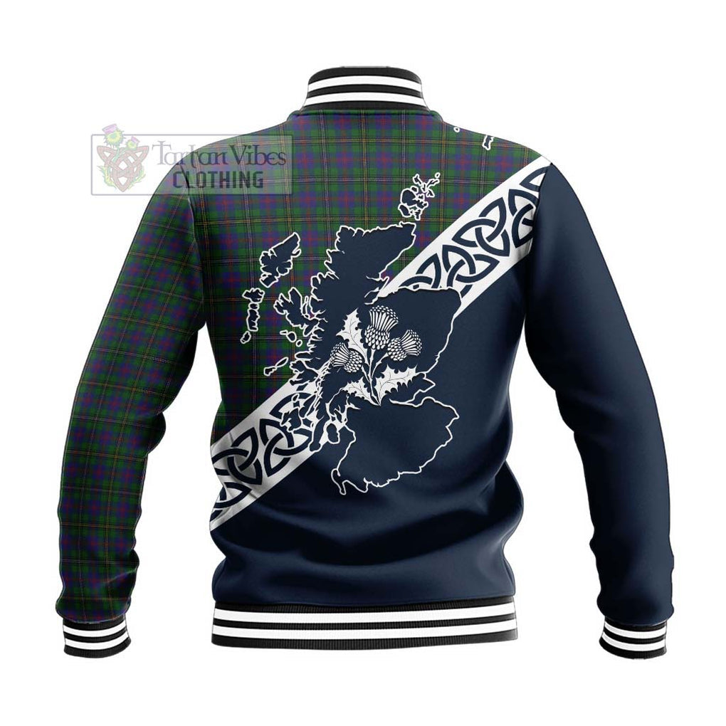 Tartan Vibes Clothing Wood Tartan Baseball Jacket Featuring Thistle and Scotland Map