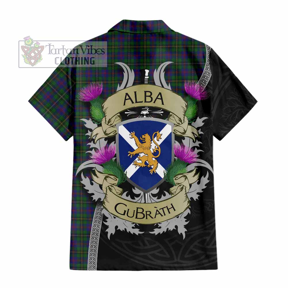 Tartan Vibes Clothing Wood Tartan Family Crest Short Sleeve Button Shirt Lion Rampant Royal Thistle Shield Celtic Inspired