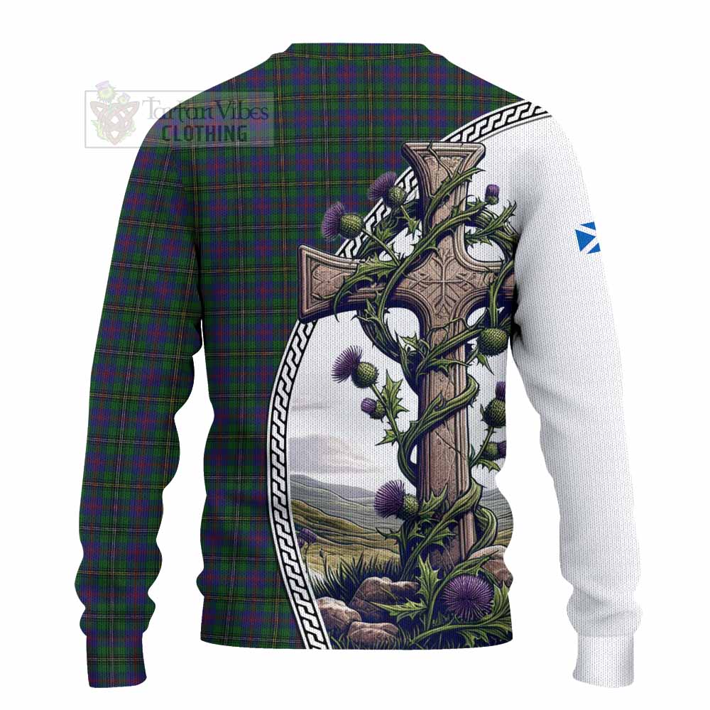 Tartan Vibes Clothing Wood Tartan Knitted Sweater with Family Crest and St. Andrew's Cross Accented by Thistle Vines