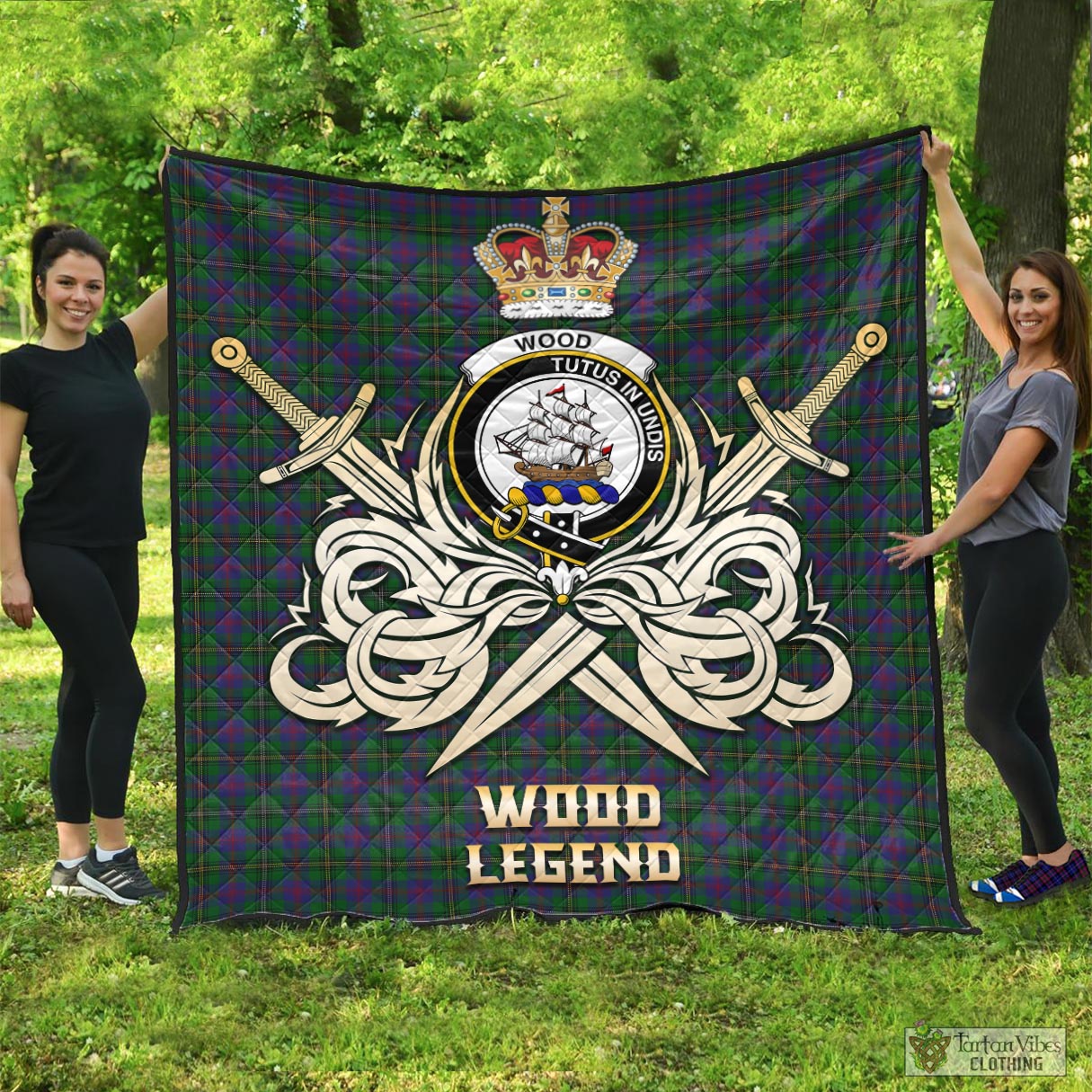 Tartan Vibes Clothing Wood Tartan Quilt with Clan Crest and the Golden Sword of Courageous Legacy