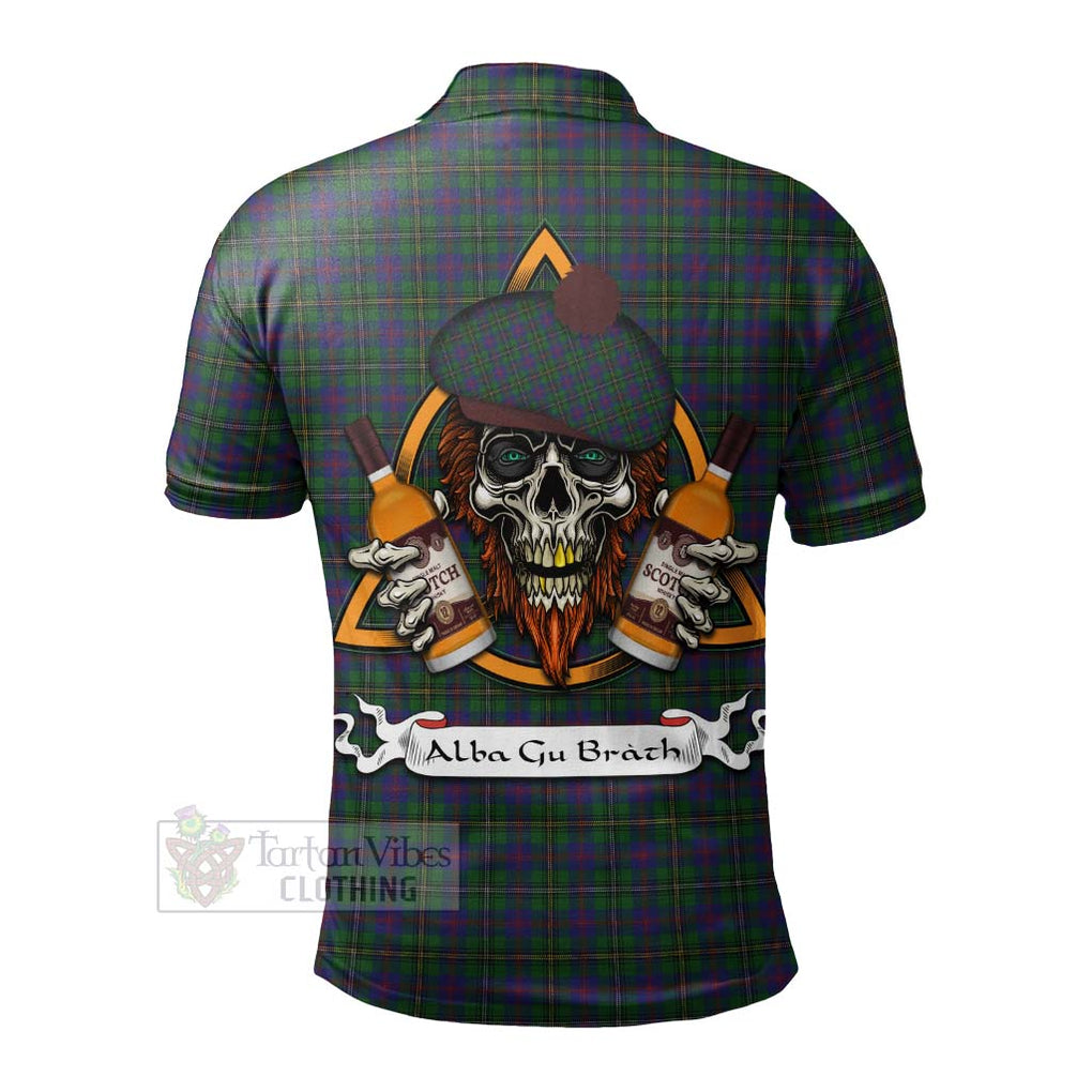 Tartan Vibes Clothing Wood Tartan Polo Shirt with Family Crest and Bearded Skull Holding Bottles of Whiskey