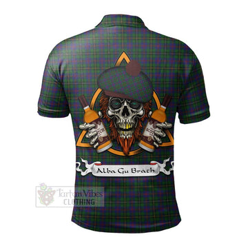 Tartan Vibes Clothing Wood Tartan Polo Shirt with Family Crest and Bearded Skull Holding Bottles of Whiskey
