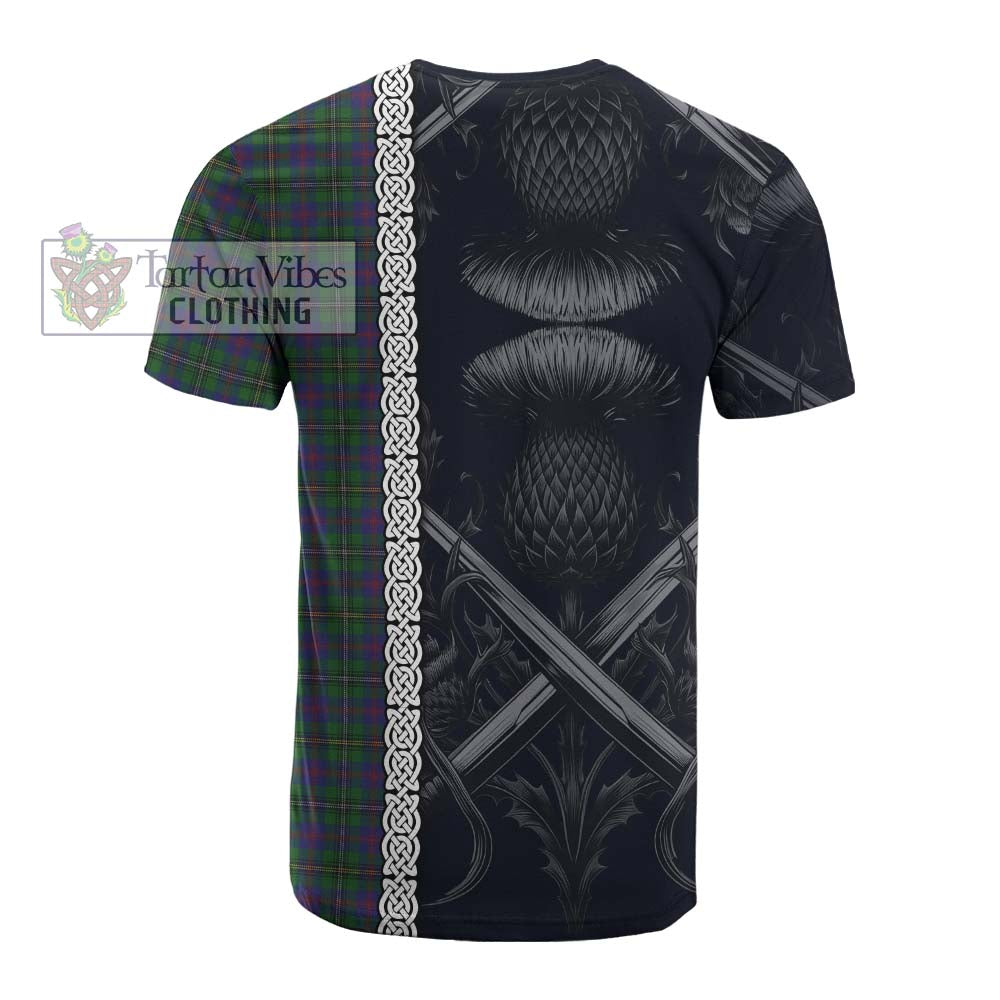 Tartan Vibes Clothing Wood Tartan Cotton T-shirt with Family Crest Cross Sword Thistle Celtic Vibes