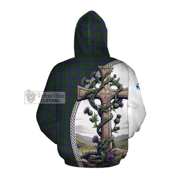 Wood Tartan Cotton Hoodie with Family Crest and St. Andrew's Cross Accented by Thistle Vines
