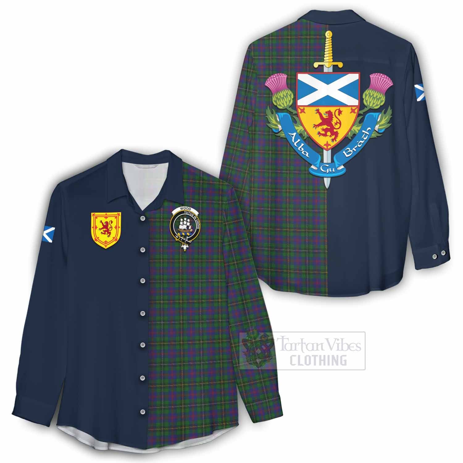 Tartan Vibes Clothing Wood Tartan Women's Casual Shirt Alba with Scottish Lion Royal Arm Half Style