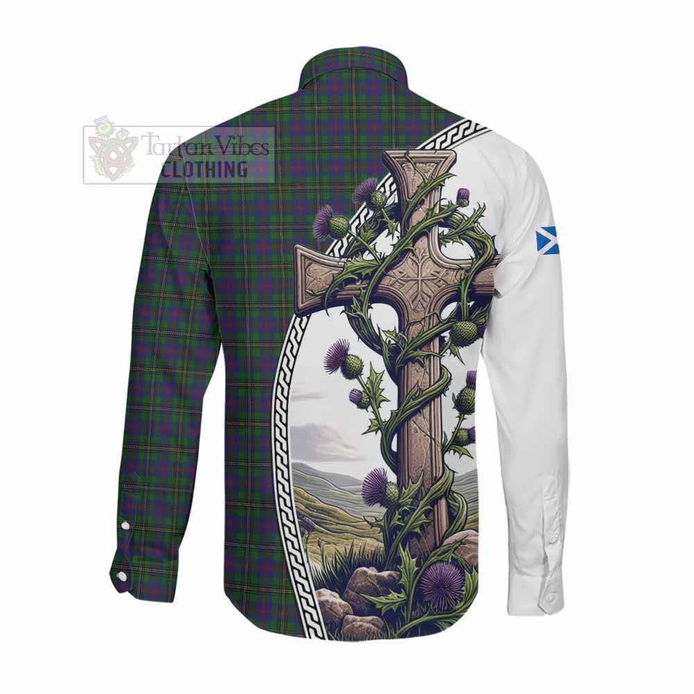 Tartan Vibes Clothing Wood Tartan Long Sleeve Button Shirt with Family Crest and St. Andrew's Cross Accented by Thistle Vines