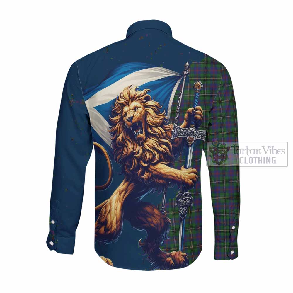 Tartan Vibes Clothing Wood Tartan Family Crest Long Sleeve Button Shirt with Scottish Majestic Lion