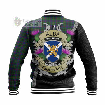 Tartan Vibes Clothing Wood Tartan Family Crest Baseball Jacket Lion Rampant Royal Thistle Shield Celtic Inspired