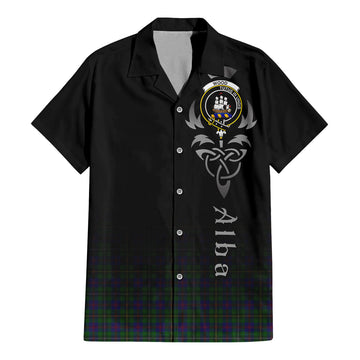 Wood Tartan Short Sleeve Button Up Featuring Alba Gu Brath Family Crest Celtic Inspired