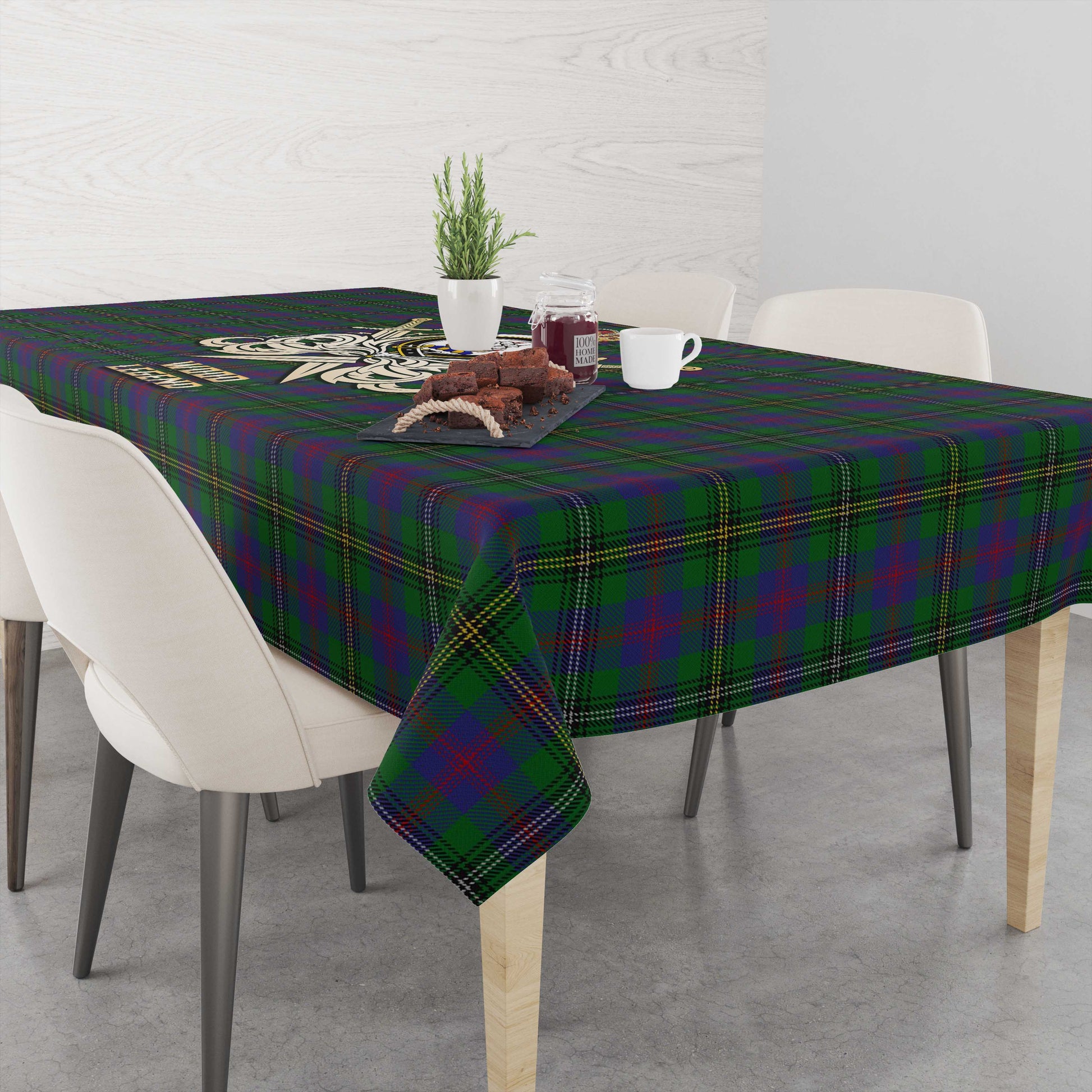 Tartan Vibes Clothing Wood Tartan Tablecloth with Clan Crest and the Golden Sword of Courageous Legacy