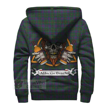 Wood Tartan Sherpa Hoodie with Family Crest and Bearded Skull Holding Bottles of Whiskey