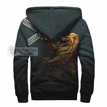 Wood Crest Tartan Sherpa Hoodie with Golden Lion Emblem Celtic Style