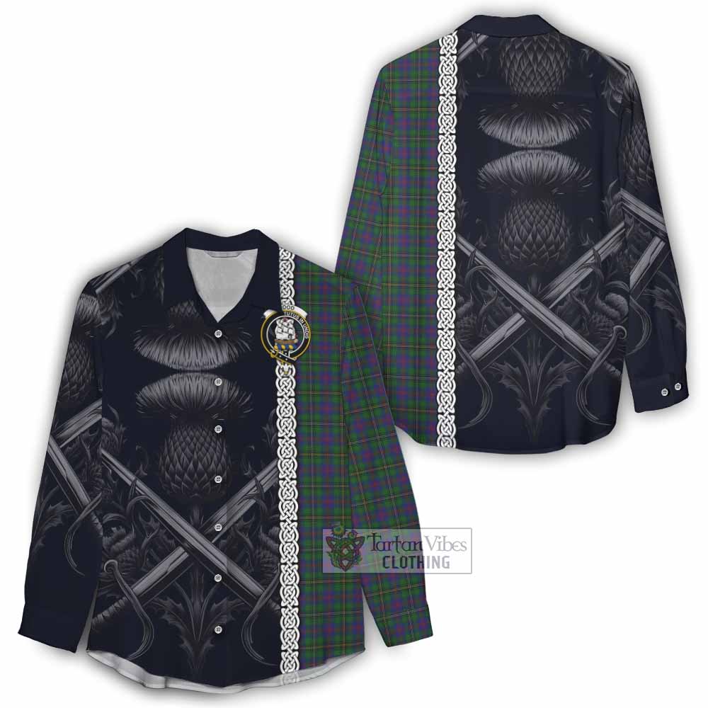 Tartan Vibes Clothing Wood Tartan Women's Casual Shirt with Family Crest Cross Sword Thistle Celtic Vibes