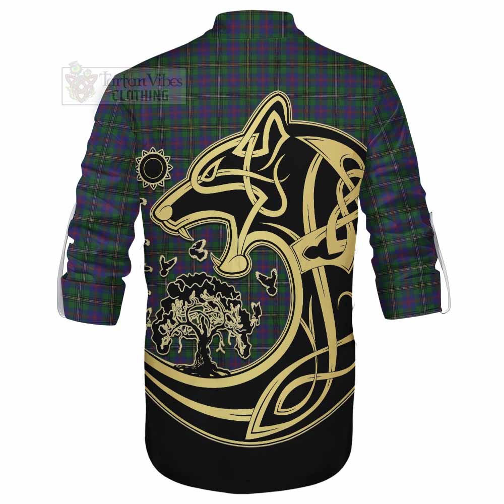 Tartan Vibes Clothing Wood Tartan Ghillie Kilt Shirt with Family Crest Celtic Wolf Style
