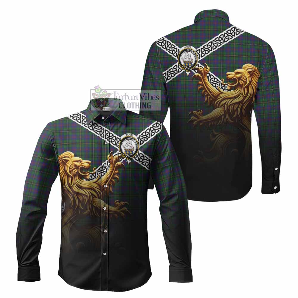 Tartan Vibes Clothing Wood Crest Tartan Long Sleeve Button Shirt with Golden Lion Emblem Celtic Style