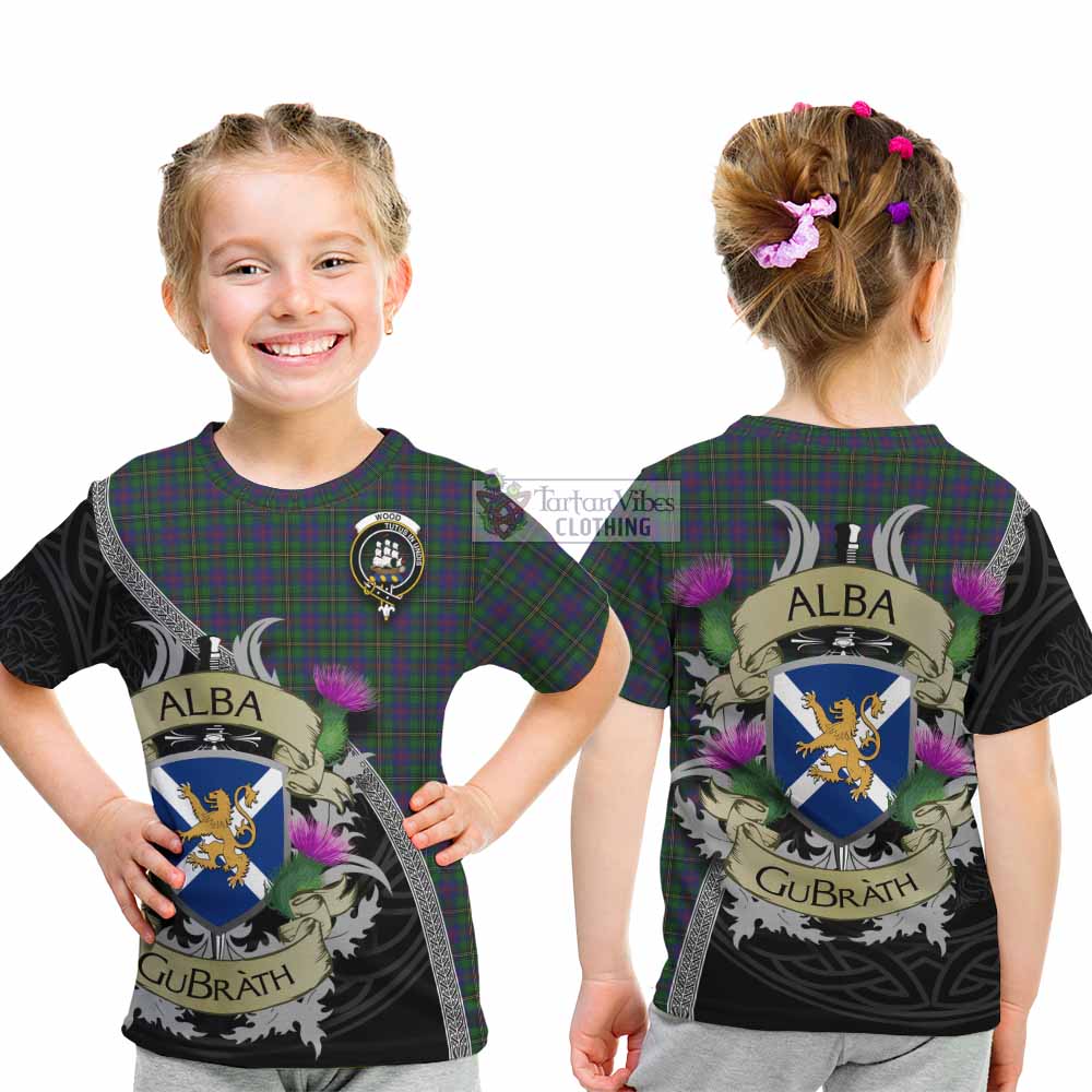 Tartan Vibes Clothing Wood Tartan Family Crest Kid T-Shirt Lion Rampant Royal Thistle Shield Celtic Inspired