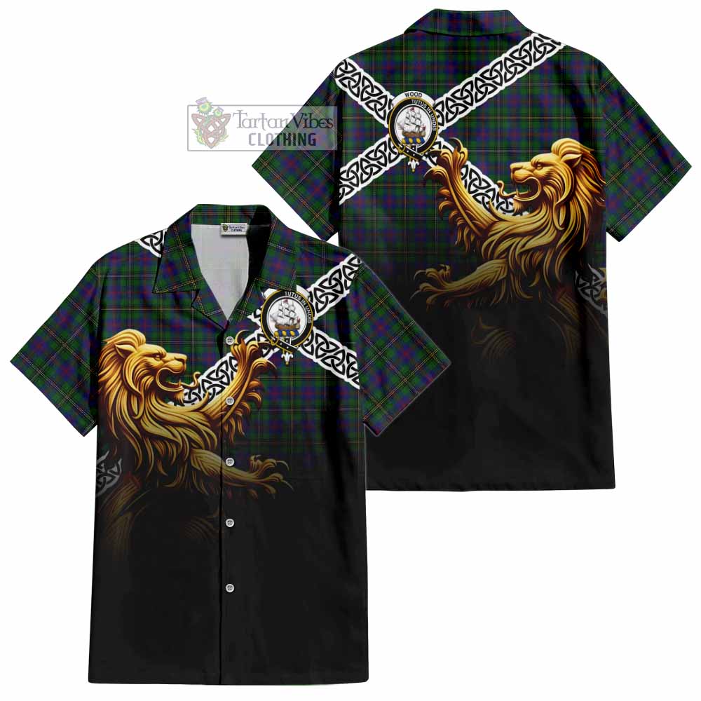 Tartan Vibes Clothing Wood Crest Tartan Short Sleeve Button Shirt with Golden Lion Emblem Celtic Style