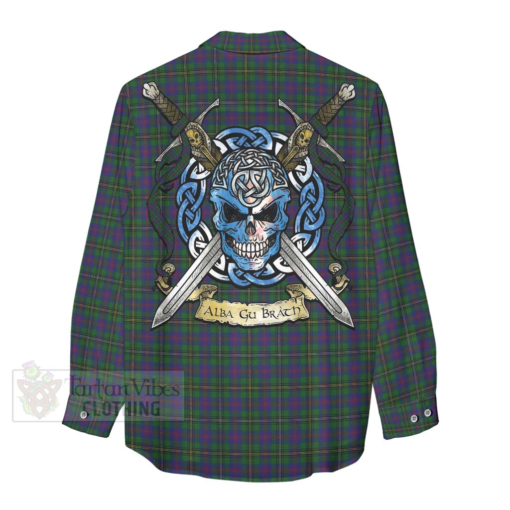 Tartan Vibes Clothing Wood Tartan Women's Casual Shirt with Family Crest Celtic Skull Style
