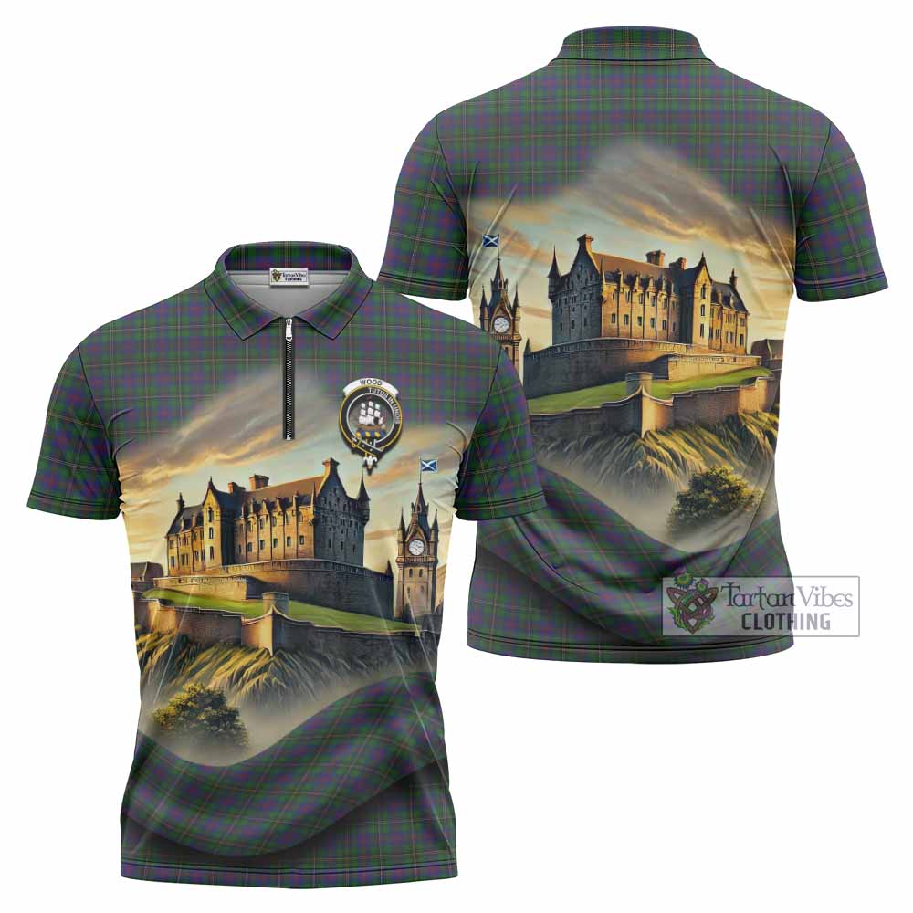 Tartan Vibes Clothing Wood Tartan Family Crest Zipper Polo Shirt with Scottish Ancient Castle Stype