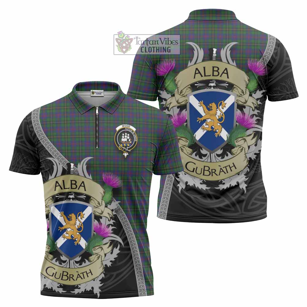 Tartan Vibes Clothing Wood Tartan Family Crest Zipper Polo Shirt Lion Rampant Royal Thistle Shield Celtic Inspired