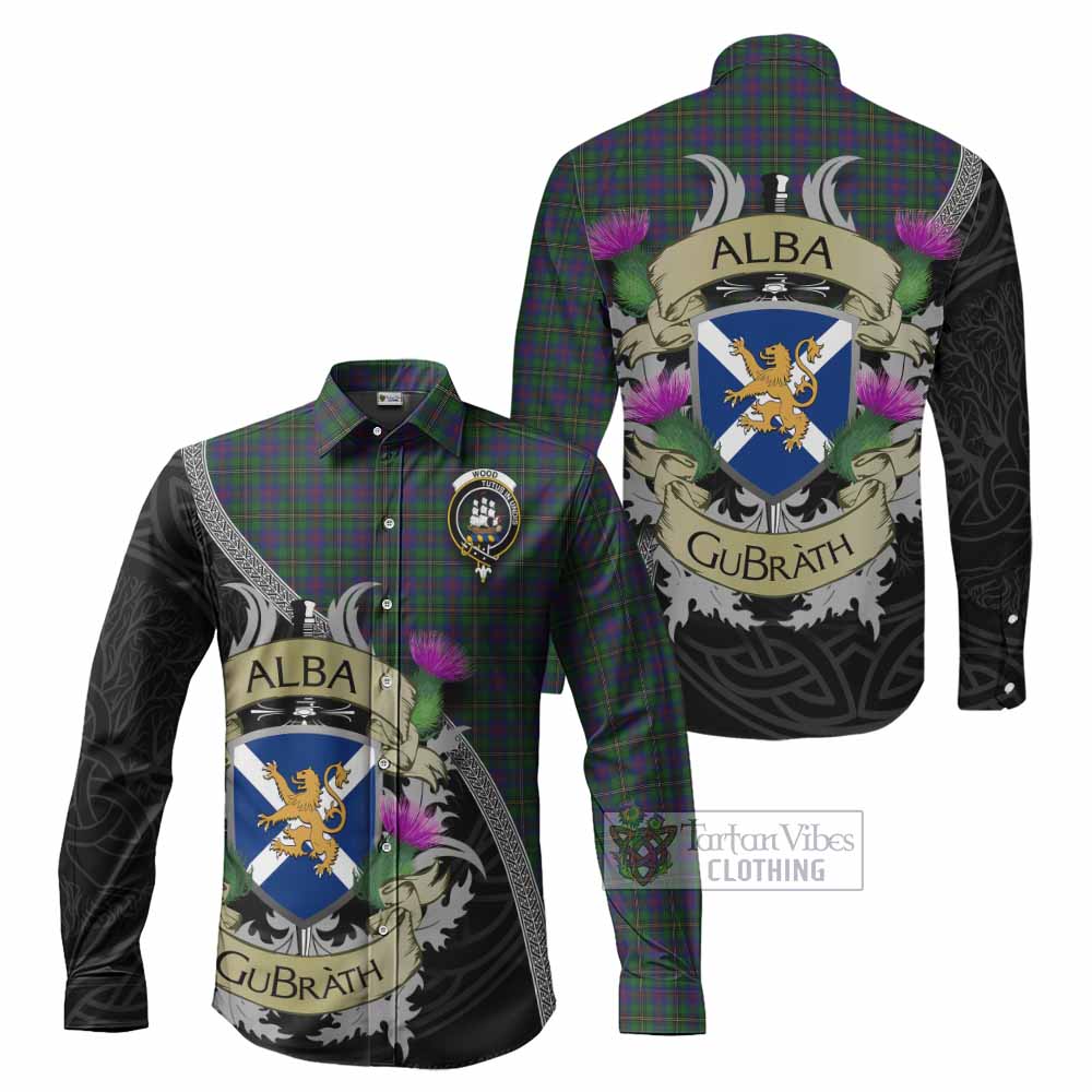 Tartan Vibes Clothing Wood Tartan Family Crest Long Sleeve Button Shirt Lion Rampant Royal Thistle Shield Celtic Inspired