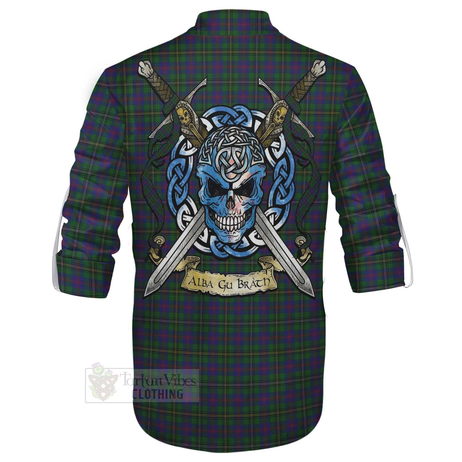 Tartan Vibes Clothing Wood Tartan Ghillie Kilt Shirt with Family Crest Celtic Skull Style