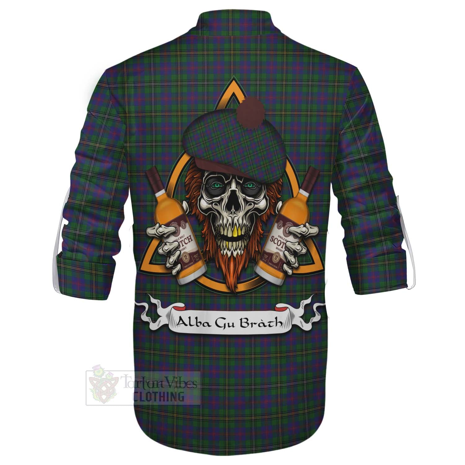 Tartan Vibes Clothing Wood Tartan Ghillie Kilt Shirt with Family Crest and Bearded Skull Holding Bottles of Whiskey
