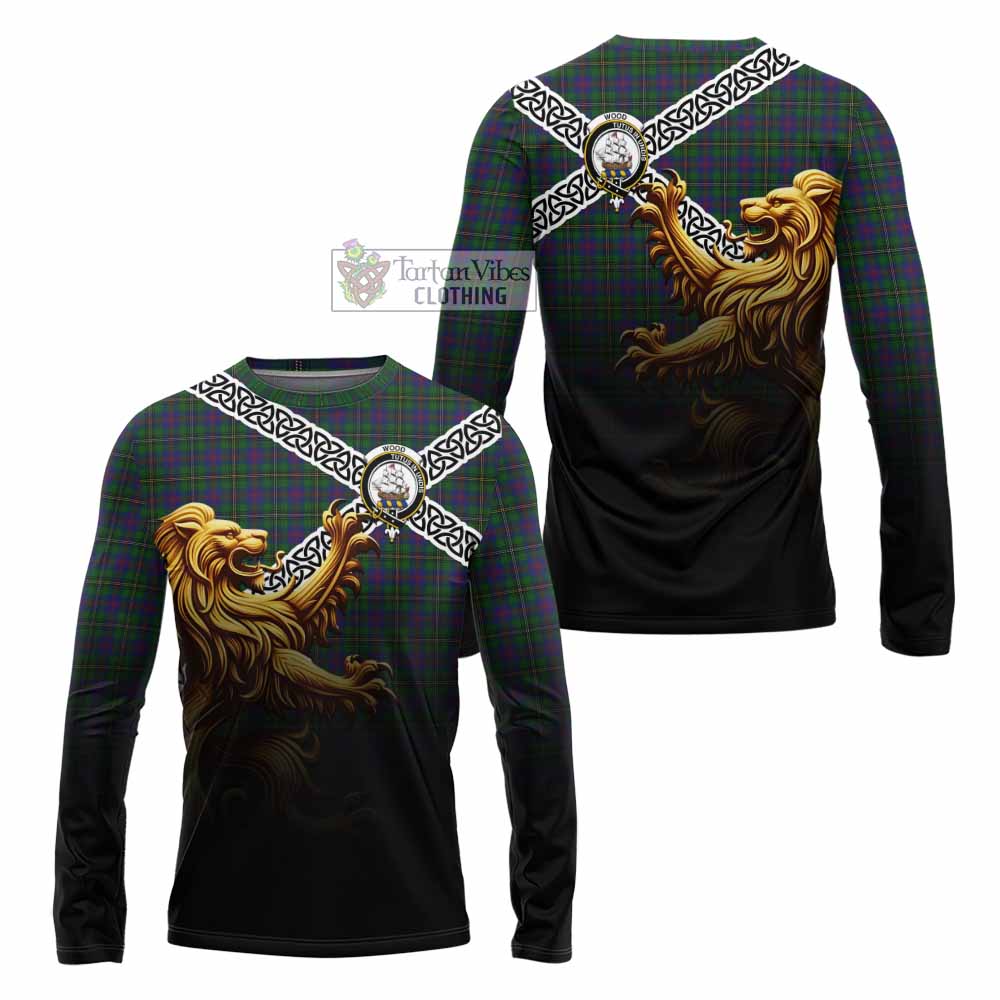 Tartan Vibes Clothing Wood Crest Tartan Long Sleeve T-Shirt with Golden Lion Emblem Celtic Style