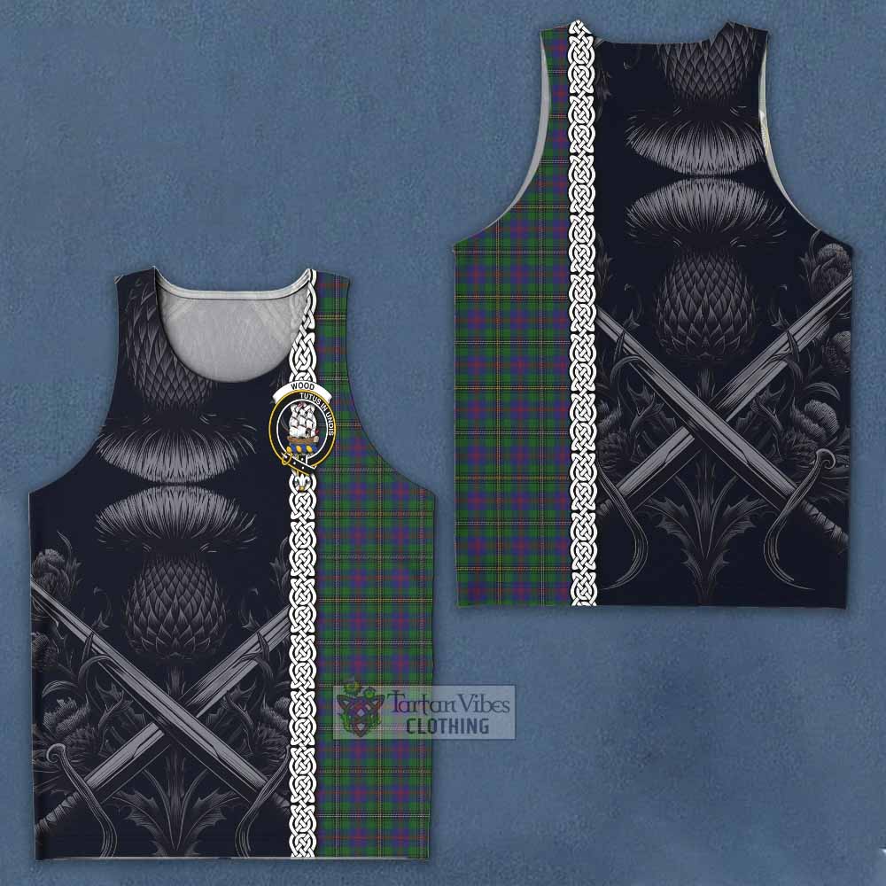 Tartan Vibes Clothing Wood Tartan Men's Tank Top with Family Crest Cross Sword Thistle Celtic Vibes