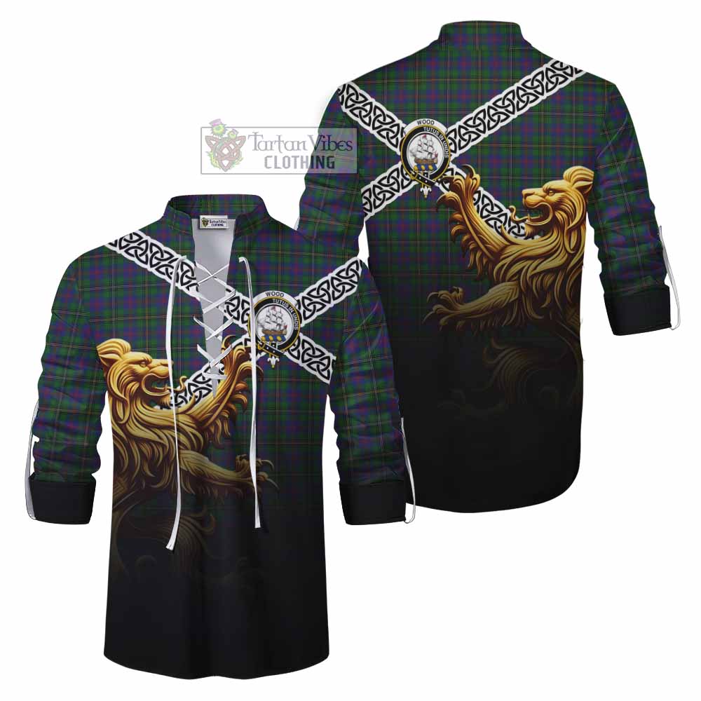 Tartan Vibes Clothing Wood Crest Tartan Ghillie Kilt Shirt with Golden Lion Emblem Celtic Style