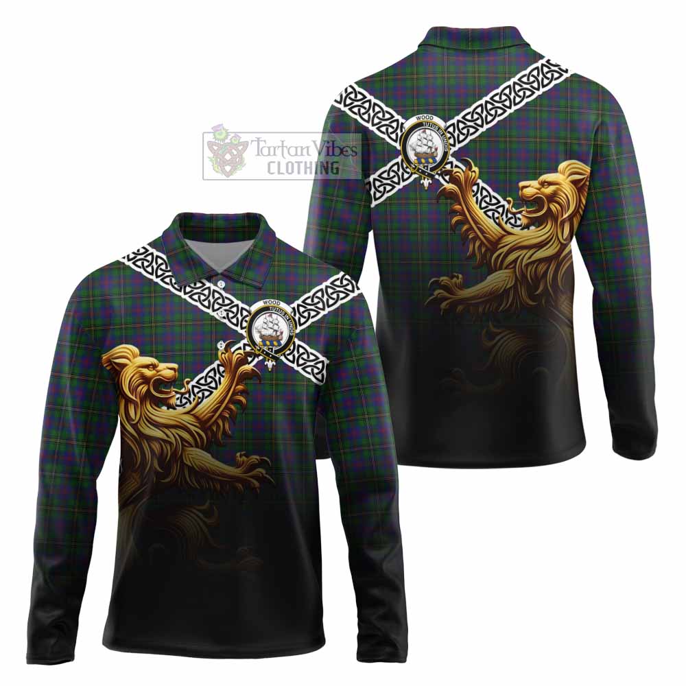 Tartan Vibes Clothing Wood Crest Tartan Long Sleeve Polo Shirt with Golden Lion Emblem Celtic Style