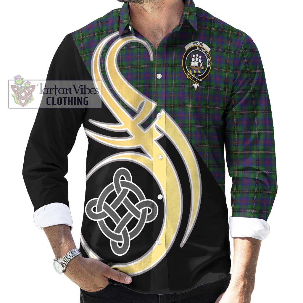 Wood Tartan Long Sleeve Button Shirt with Family Crest and Celtic Symbol Style - Tartan Vibes Clothing
