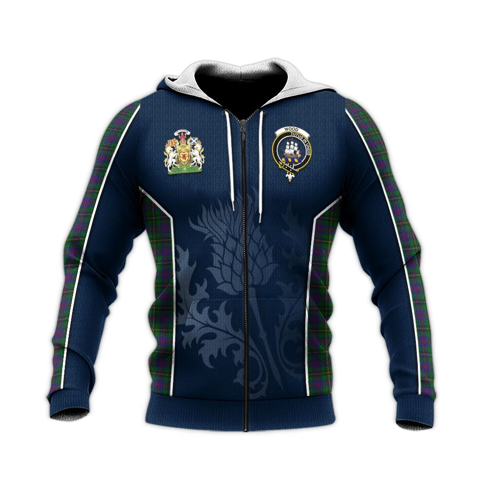 Tartan Vibes Clothing Wood Tartan Knitted Hoodie with Family Crest and Scottish Thistle Vibes Sport Style