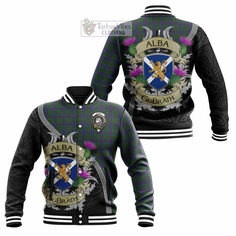Tartan Vibes Clothing Wood Tartan Family Crest Baseball Jacket Lion Rampant Royal Thistle Shield Celtic Inspired