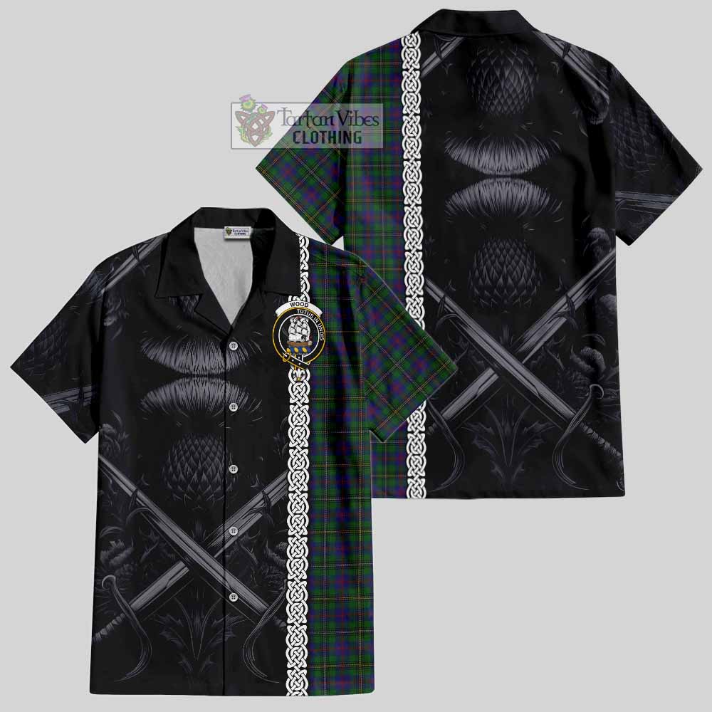 Tartan Vibes Clothing Wood Tartan Short Sleeve Button Shirt with Family Crest Cross Sword Thistle Celtic Vibes