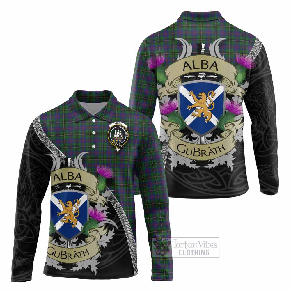 Tartan Vibes Clothing Wood Tartan Family Crest Long Sleeve Polo Shirt Lion Rampant Royal Thistle Shield Celtic Inspired