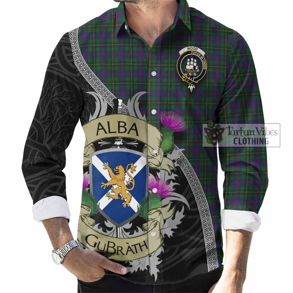 Tartan Vibes Clothing Wood Tartan Family Crest Long Sleeve Button Shirt Lion Rampant Royal Thistle Shield Celtic Inspired