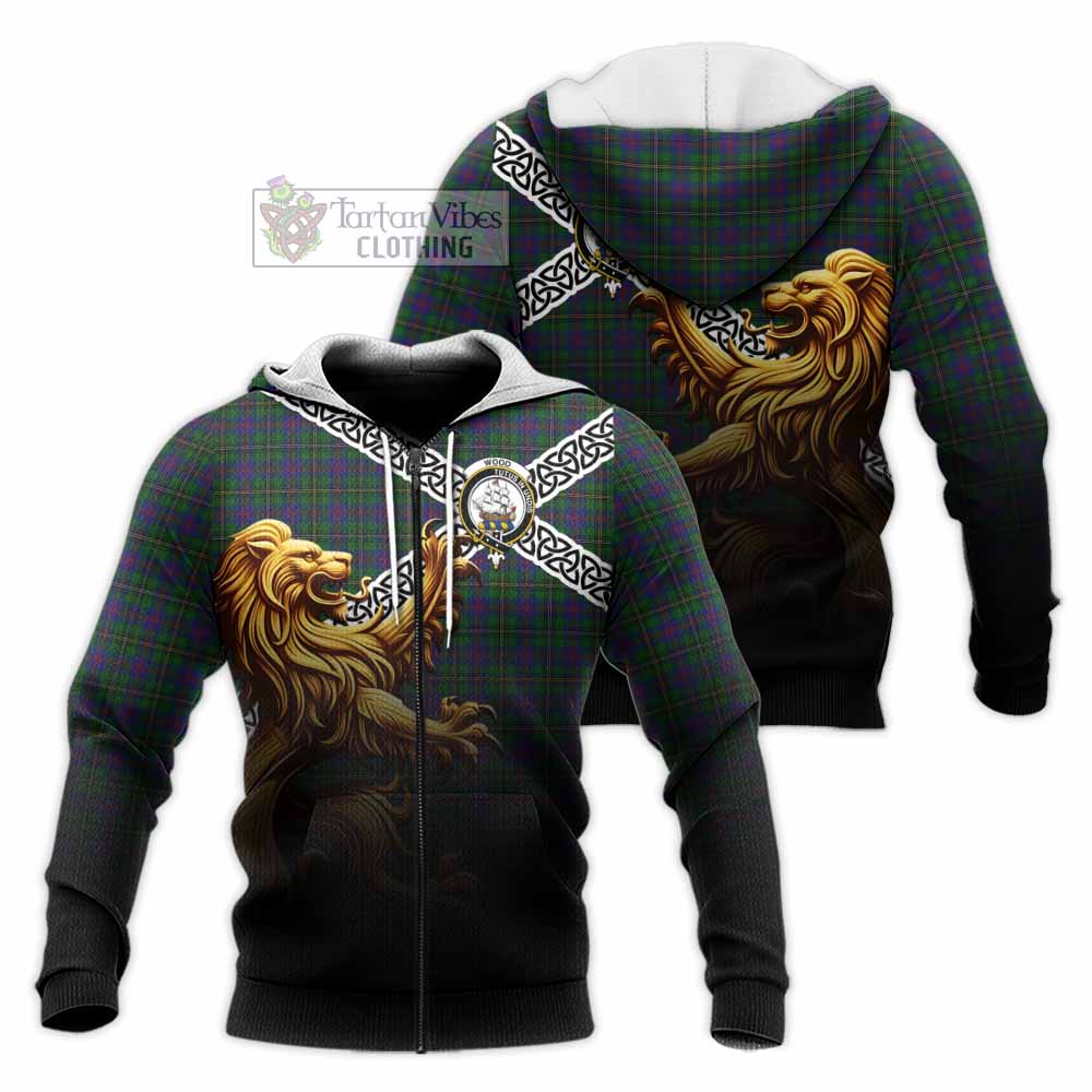 Tartan Vibes Clothing Wood Crest Tartan Knitted Hoodie with Golden Lion Emblem Celtic Style