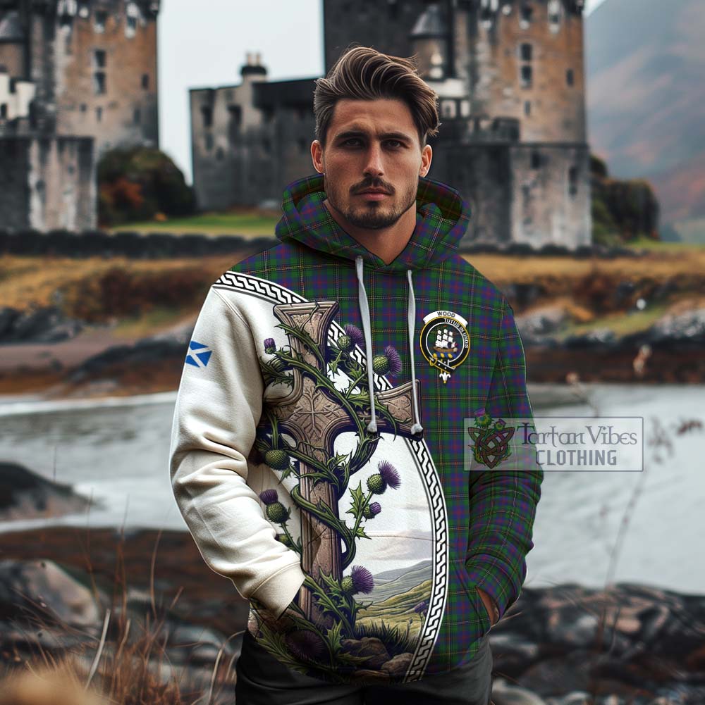 Tartan Vibes Clothing Wood Tartan Cotton Hoodie with Family Crest and St. Andrew's Cross Accented by Thistle Vines