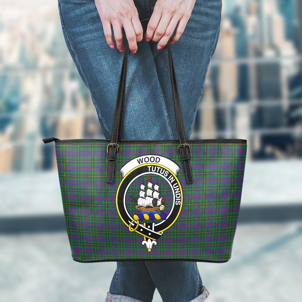 Wood Tartan Leather Tote Bag with Family Crest - Tartan Vibes Clothing
